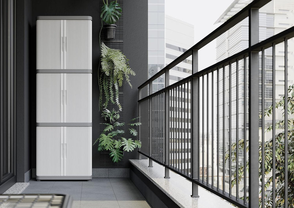 Terry, Rolling Space Cab 2, Indoor and Outdoor 2-Compartment Cabinet with Two Sliding Doors, 2 Adjustable Internal Shelves, Grey, in Recycled Plastic, Dimensions: 59x36x115 cm