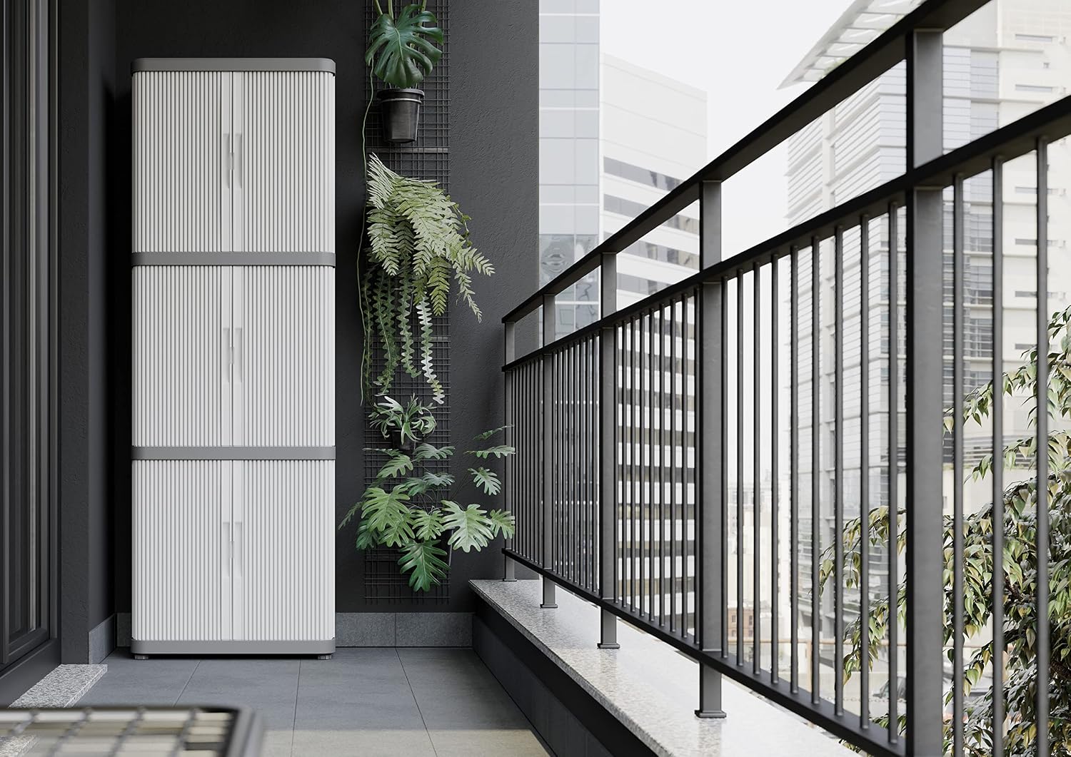 Terry, Rolling Space Cab 2, Indoor and Outdoor 2-Compartment Cabinet with Two Sliding Doors, 2 Adjustable Internal Shelves, Grey, in Recycled Plastic, Dimensions: 59x36x115 cm