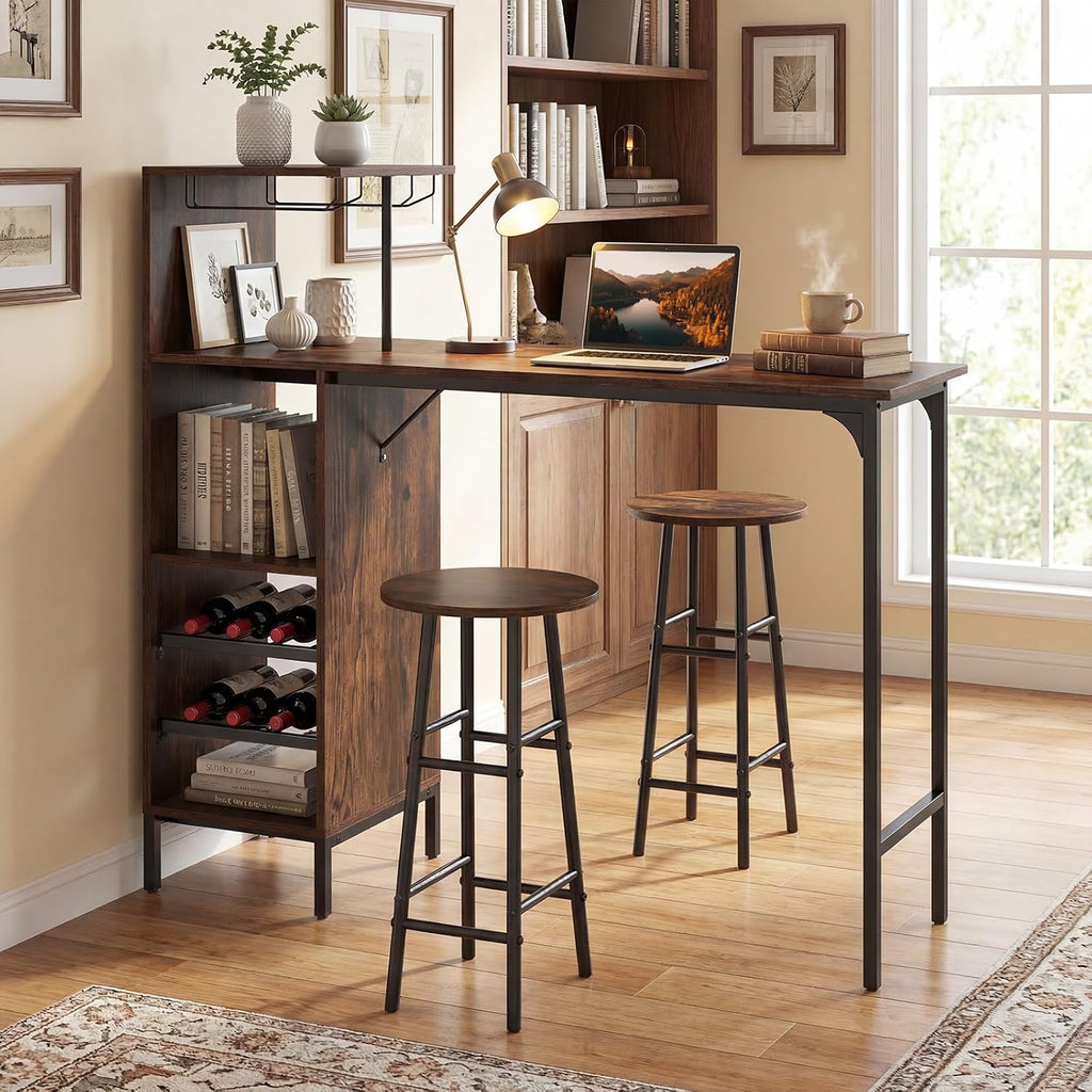 Giantex 3 Pieces Bar Table and Stools Set, Bistro Table Set with Glass Holder, 2 Tier Wine Rack & Storage Shelves, Kitchen Counter Table with 2 Stools for Home, Dining Room, Restaurant (Rustic Brown)