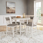 Signature Design by Ashley Round Dining Table Set for 4, Counter Height | 42-inch round table with built-in storage shelves, 4 foam-cushioned light gray barstools, Antique white finish, Erinberg