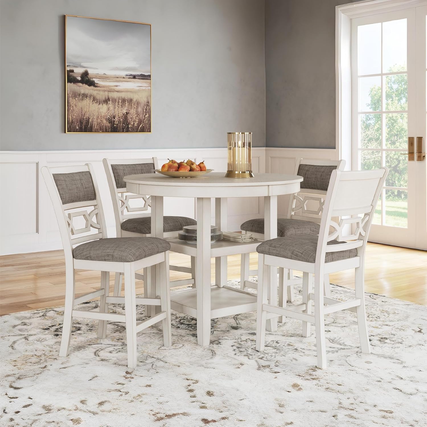Signature Design by Ashley Round Dining Table Set for 4, Counter Height | 42-inch round table with built-in storage shelves, 4 foam-cushioned light gray barstools, Antique white finish, Erinberg