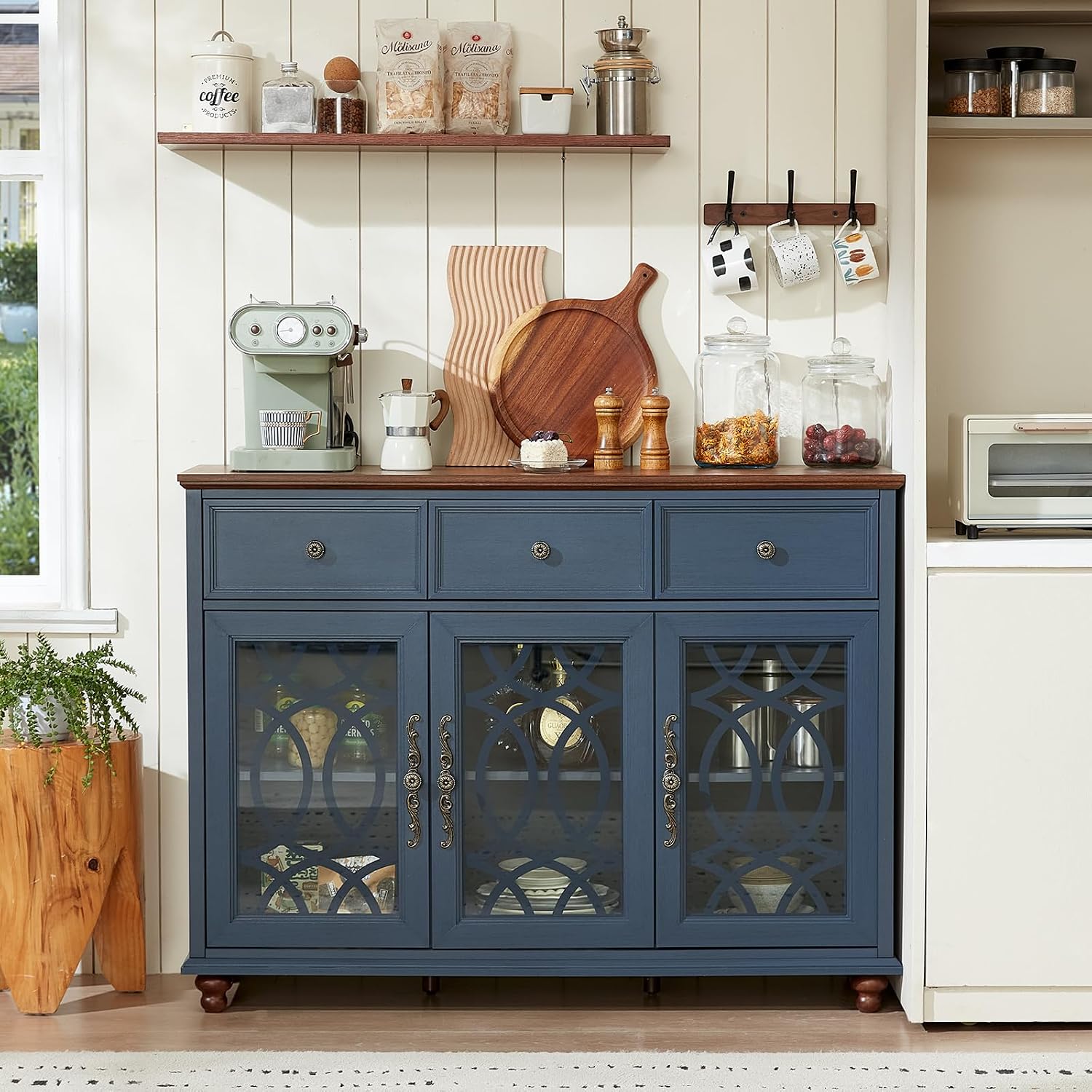 Joaxswe Farmhouse Sideboard Buffet Cabinet with Storage,48" Large Credenza with 3 Glass Doors & 3 Drawers,Adjustable Shelves Console Table,Wood Kitchen Coffee Bar for Dining Room,Living Room,Navy Blue