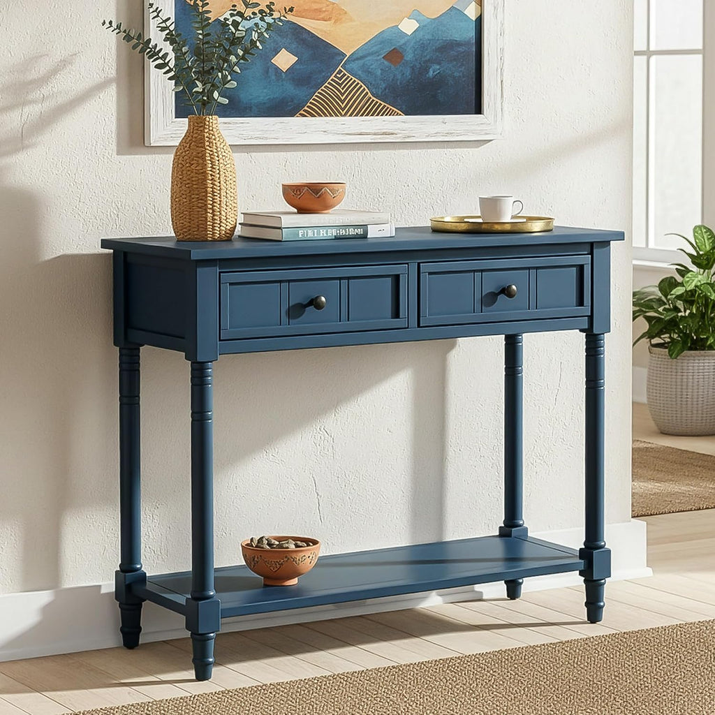 Merax Long Narrow Entryway Console Table with Storage Drawers and Bottom Shelf Dark Navy