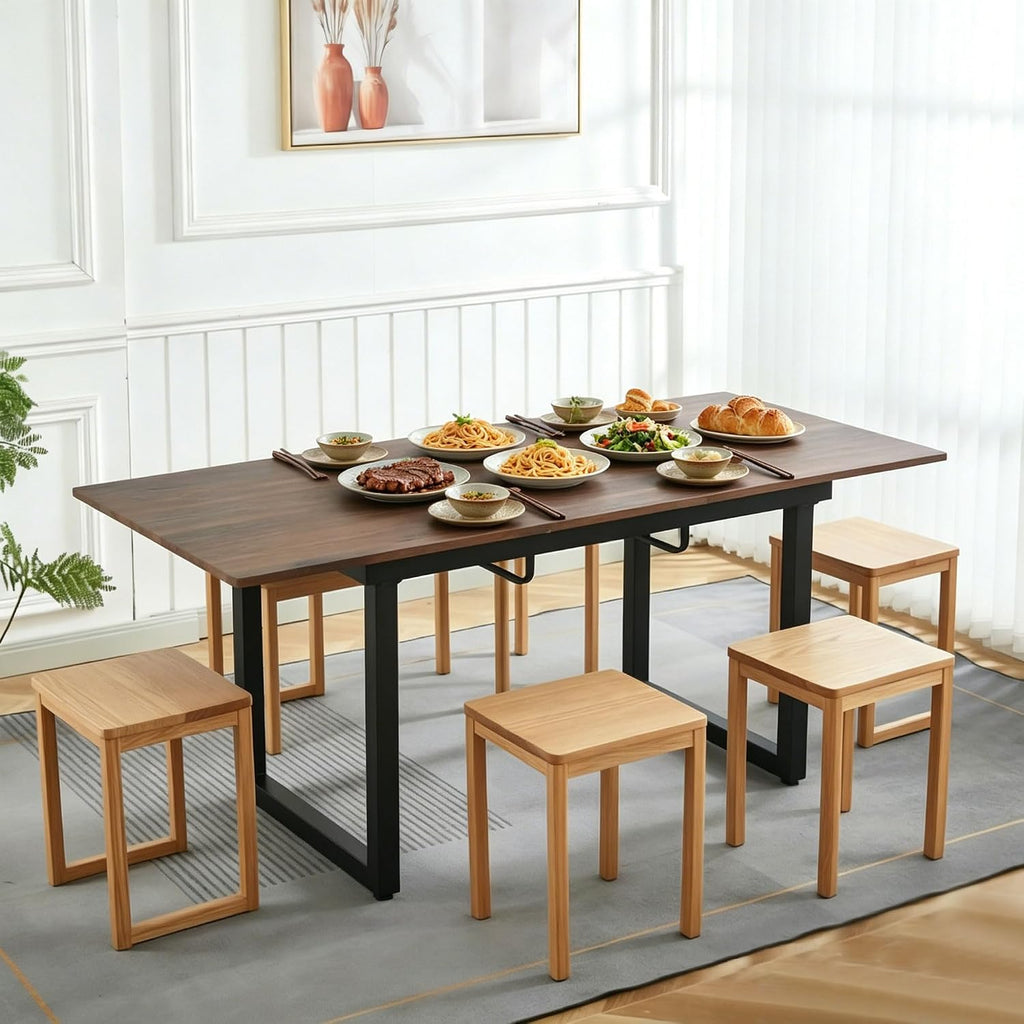 Modern Expandable Dining Room Table, 55-71 Inch Extendable Table with Metal Frame, Space-Saving Kitchen Table for 6, Home Office Desk, Brown
