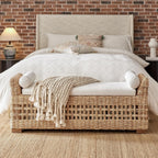 HULALA HOME 56" Rattan Storage Bench, Boho Wicker End of Bed Bench, Natural | Water Hyacinth Frame, Hollow-Carved Design, Armrests and Round Pillows, for Bedroom Entryway Living Room