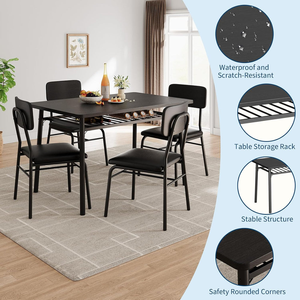 GarveeHome Dining Table Set for 4 with Storage Rack, Black | 5-Piece Kitchen Table and Upholstered Chairs, Wood Tabletop, Heavy-Duty Metel Frame, for Small Space, Apartment, Kitchen Room
