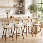 HEAH-YO Rattan Counter Stools Set of 2, 26 Inches Counter Height Bar Stools with Backrests and Wood Legs, Modern PU Leather Rattan Stool for Kitchen Island, PU Beige