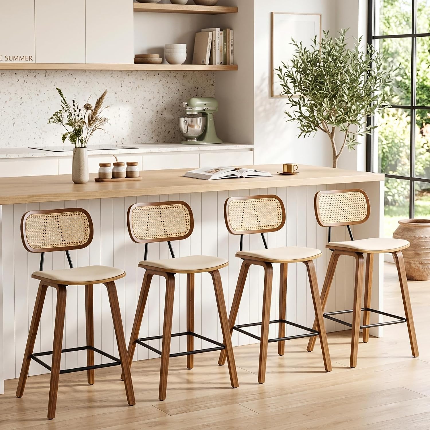 HEAH-YO Rattan Counter Stools Set of 2, 26 Inches Counter Height Bar Stools with Backrests and Wood Legs, Modern PU Leather Rattan Stool for Kitchen Island, PU Beige