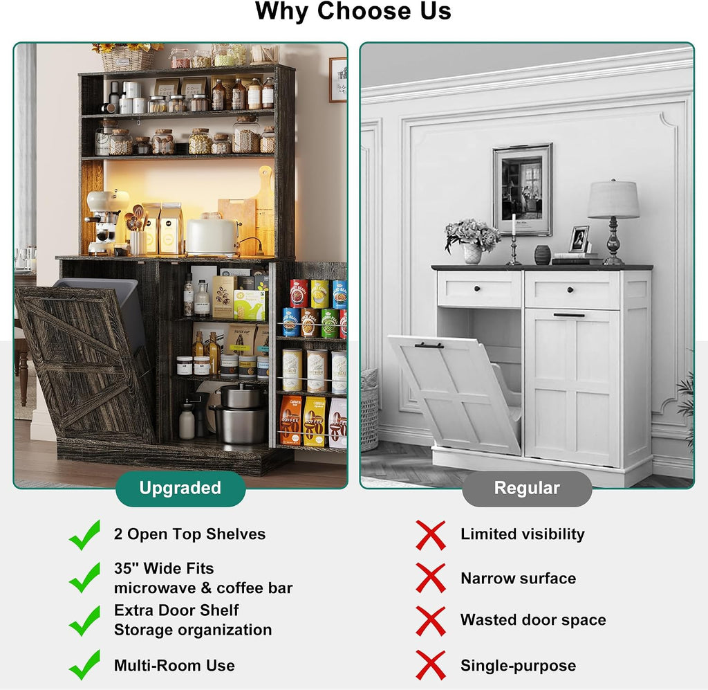 Squireewo 63" H Pantry Cabinets with 10 Gallon Trash Can,Led Light,Outlet,35" W Kitchen Hutch with Tilt Out Trash Can Cabinet,Farmhouse Cupboard with Large Countertop for Living Room, Dining Room