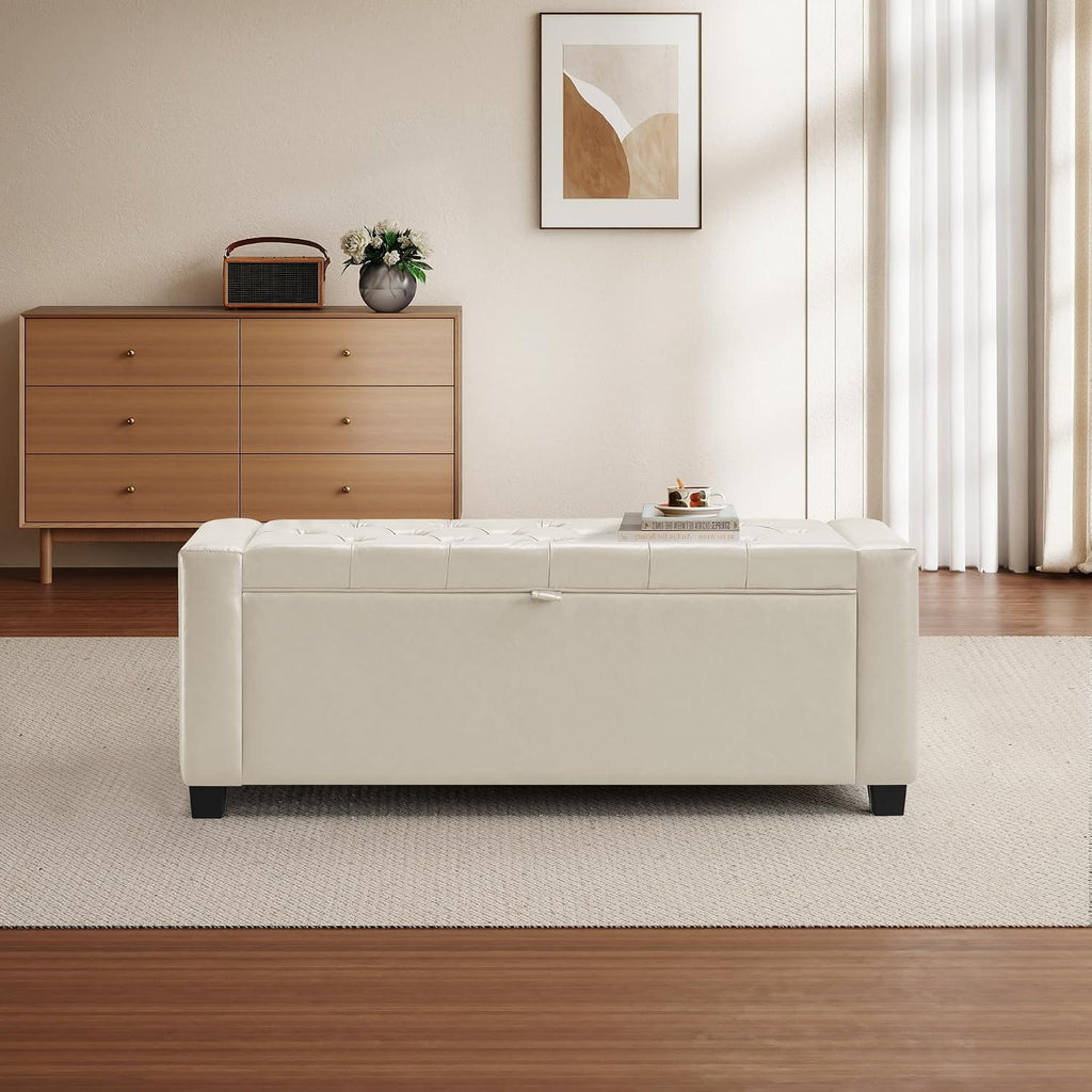 GRAINELL 42.13” Storage Ottoman Bench, Upholstered Tufted Bedroom Bench with Storage, End of Bed Storage Bench for Living Room & Entryway, 350 lb Capacity, Leather Beige
