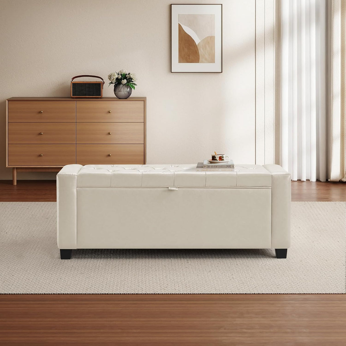 GRAINELL 42.13” Storage Ottoman Bench, Upholstered Tufted Bedroom Bench with Storage, End of Bed Storage Bench for Living Room & Entryway, 350 lb Capacity, Leather Beige