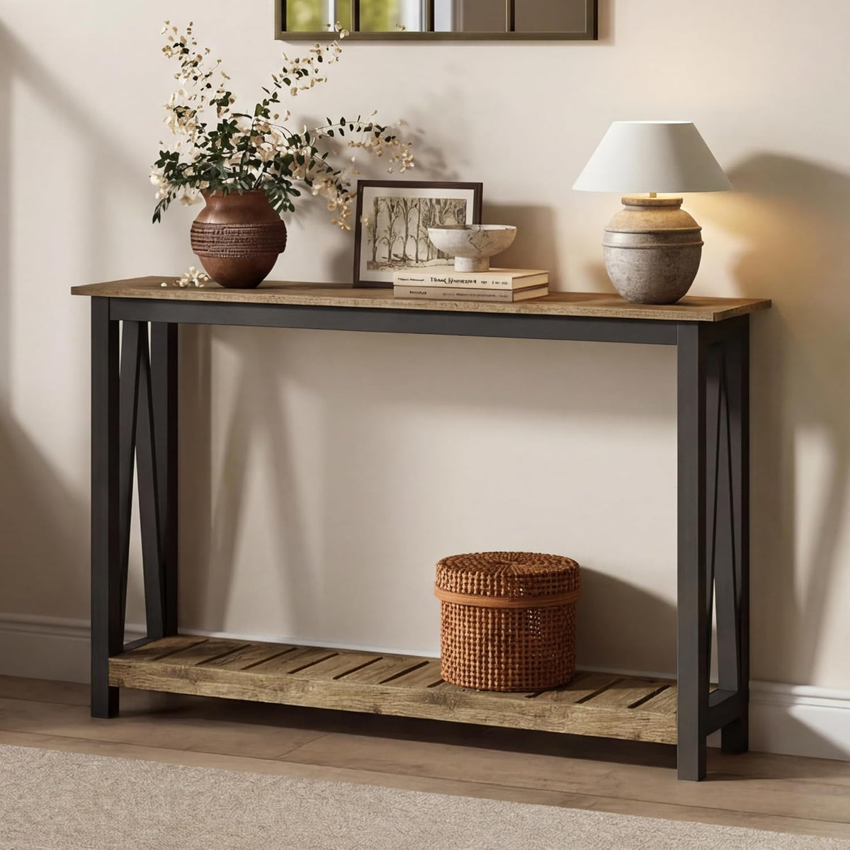 ChooChoo Farmhouse Console Table, Rustic Vintage Narrow Sofa Table for Entryway, Living Room, Hallway, 47 Rustic Oak & Black