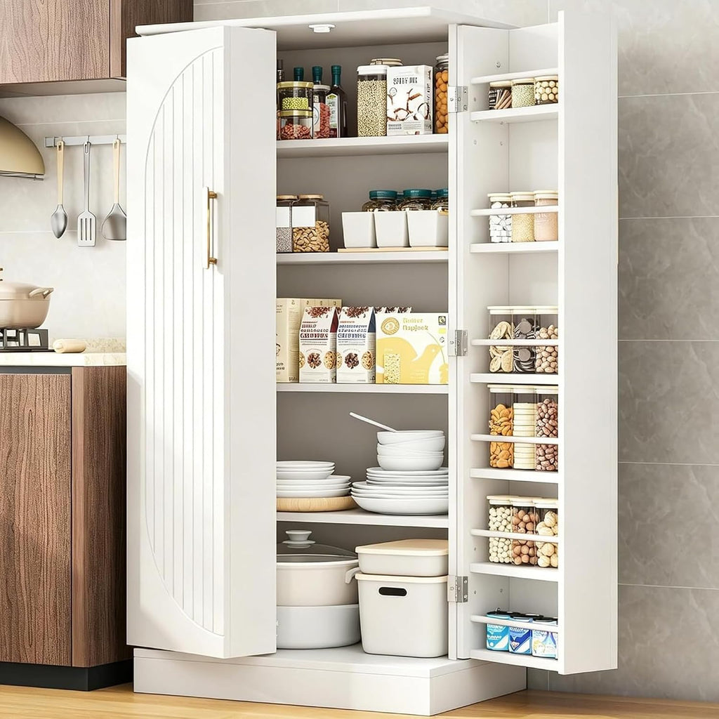 kepptory 47" Kitchen Pantry Cabinet with Doors and Adjustable Shelves, Freestanding Pantry Storage Cabinet, Farmhouse Buffet Cupboard for Kitchen, Dining Room, Living Room, White