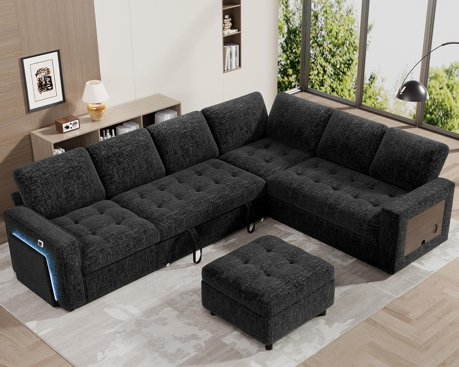 WEUP 7 Seat L Shaped Sectional Sleeper Sofa Bed with Pull Out Bed, Chenille Sectional Sleeper Couch with Ottoman, Adjustable Backrest, USB Ports, LED, Side Table, Tool-Free Assembly, Chenille Black