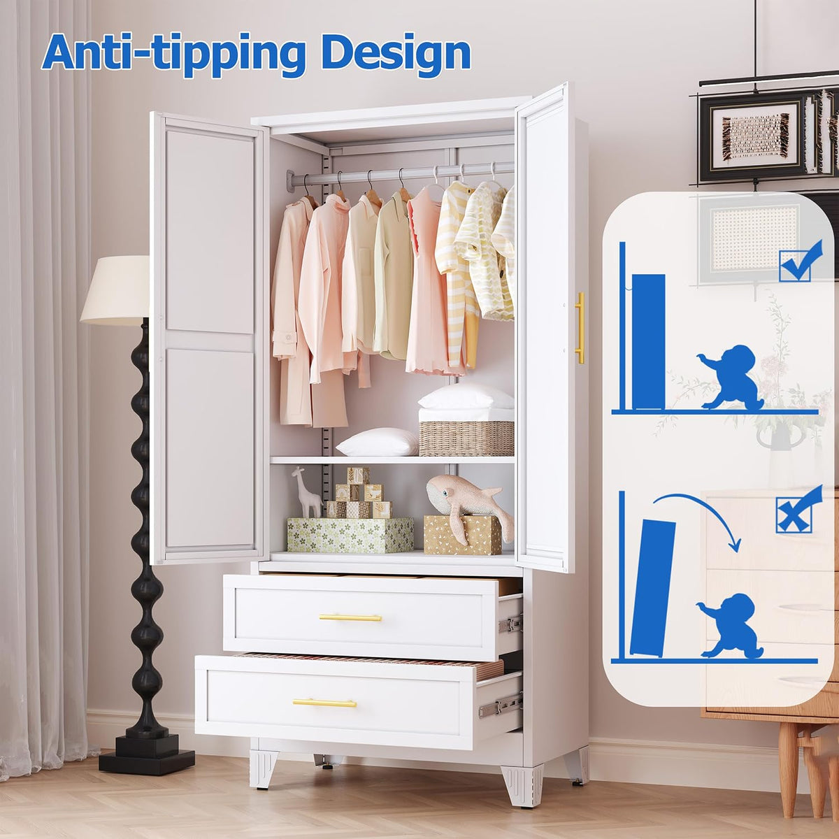GAIOUS Steel Armoire Wardrobe Closet with Mirror and 2 Drawers 71" White | Clothes Storage Cabinets with 2 Doors, 1 Adjustable Shelf, Metal Wardrobe Cabinet with Hanging Rod for Bedroom, Gym, Cloak