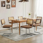 Rattan Dining Chairs Set of 6,Upholstered Mid-Century Modern Dining Room Chairs with Cane Backrest,Retro Linen Kitchen Chairs with Stainless Chrome Base,Brown