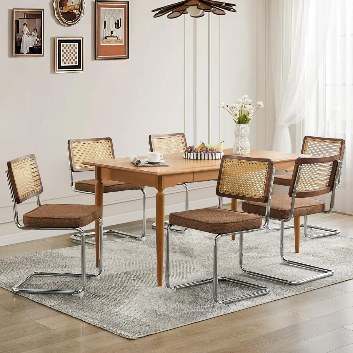 Rattan Dining Chairs Set of 6,Upholstered Mid-Century Modern Dining Room Chairs with Cane Backrest,Retro Linen Kitchen Chairs with Stainless Chrome Base,Brown