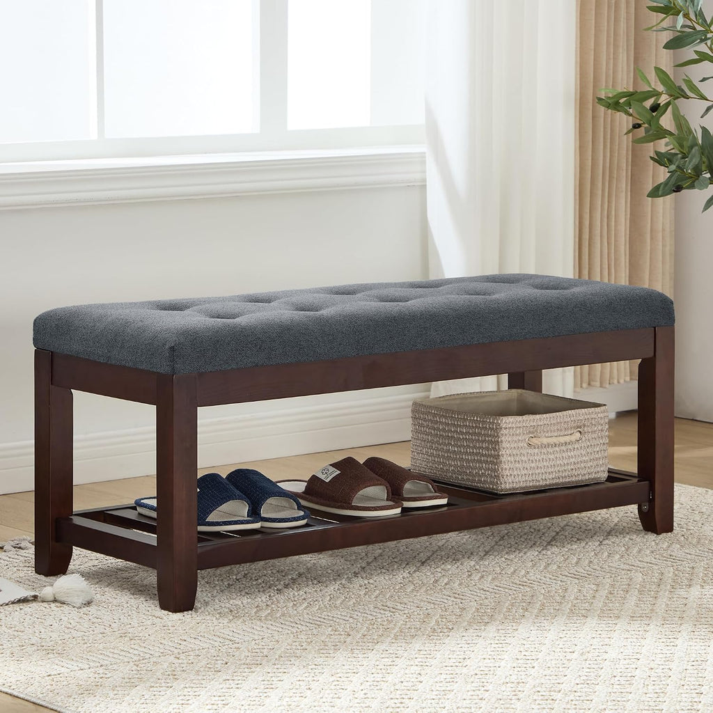 Shoe Bench Entryway, 44" End of Bed Bench,Upholstered Linen Bench for Living Room,Fabric Ottoman Bench with Solid Wood Shelf for Bedroom, Entrance Darkgrey