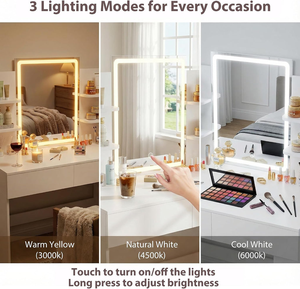 Furmax Vanity Desk with Mirror and LED Lights, White with Bench | Makeup Vanity Table with 3 Lighting Color, Adjustable Brightness, Vanity Table with 2 Drawers, Side Storage, for Bedroom