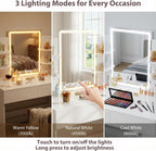 Furmax Vanity Desk with Mirror and LED Lights, White with Bench | Makeup Vanity Table with 3 Lighting Color, Adjustable Brightness, Vanity Table with 2 Drawers, Side Storage, for Bedroom