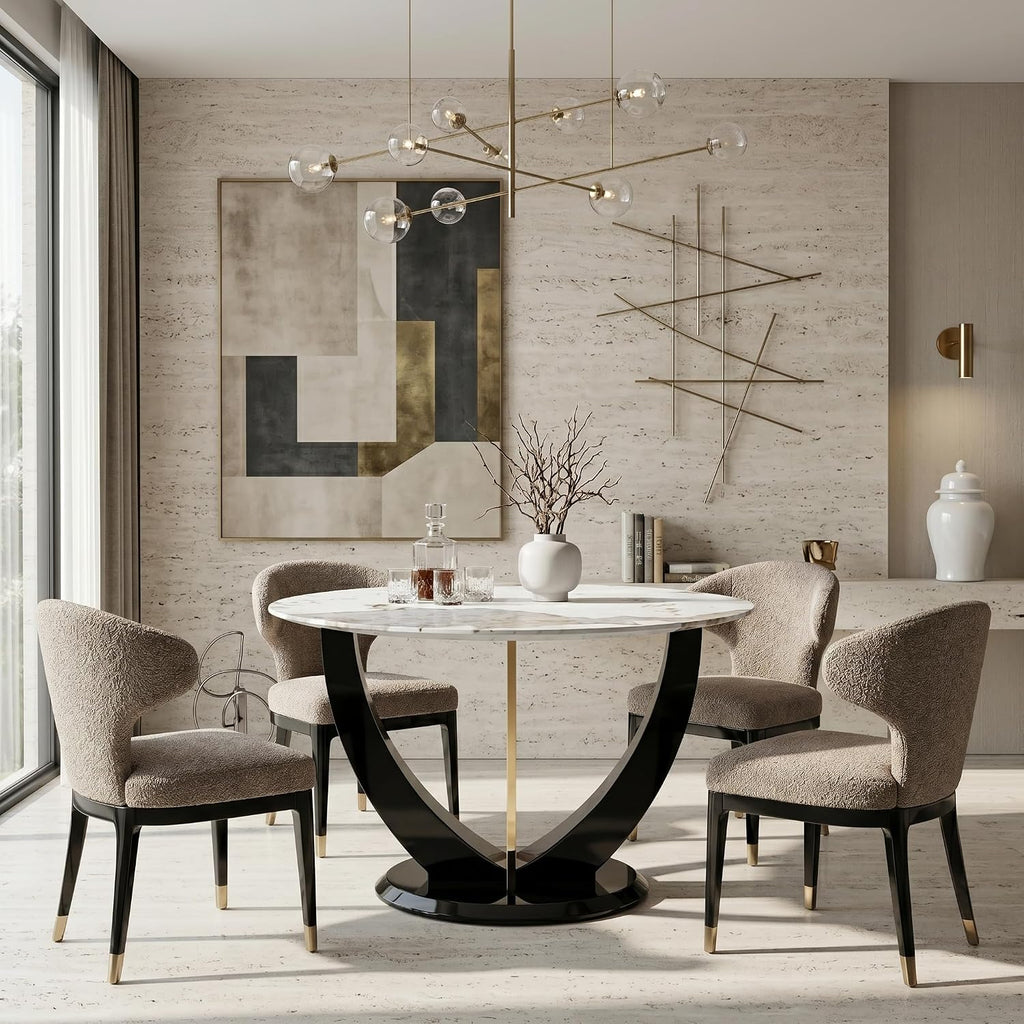 48 Inch Round Dining Table for 4-6, Modern Circle Dining Table with Black & Gold Metal Pedestal Base, Faux Marble Round Kitchen Table, 300 LBS Capacity