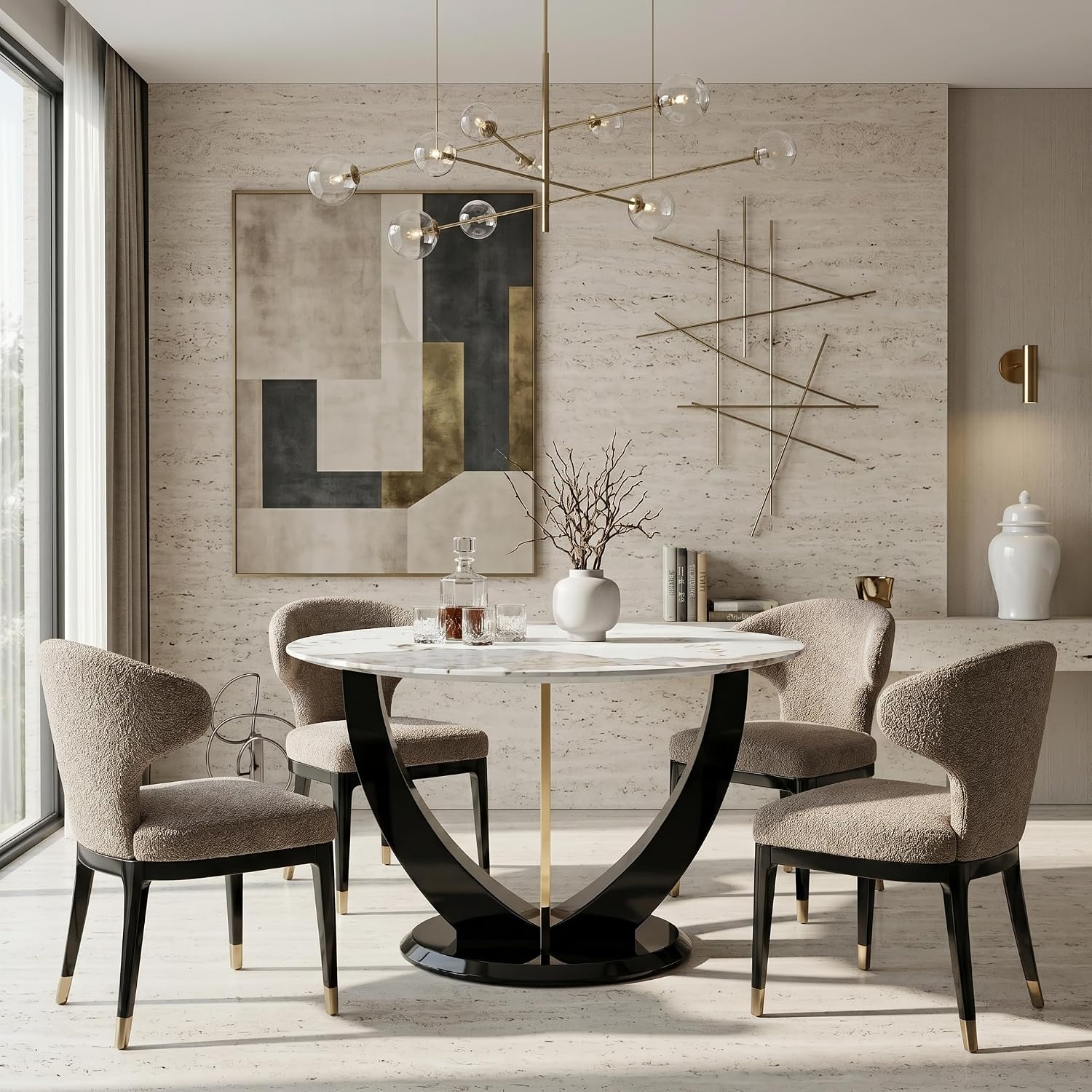 48 Inch Round Dining Table for 4-6, Modern Circle Dining Table with Black & Gold Metal Pedestal Base, Faux Marble Round Kitchen Table, 300 LBS Capacity