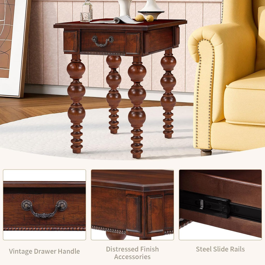 LKTART Wood End Table, Vintage Narrow Sofa Side Table with Storage Drawer, Bedside Table with Turned Wood Spindle Legs for Living Room Bedroom Small Space Home Office, No-Tools Assembly(Walnut)