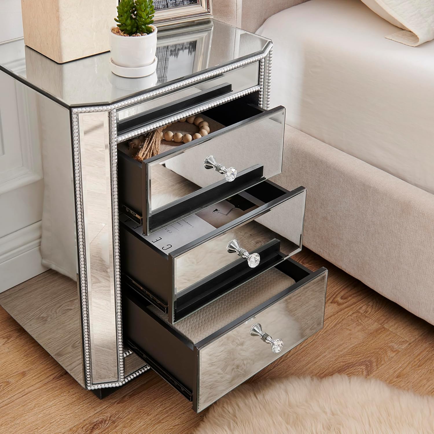 IKIFLY Mirrored Nightstand with 3 Drawers, Silver End Table with Pearl Lines, Accent Side Table for Living Room, Bedroom and Office