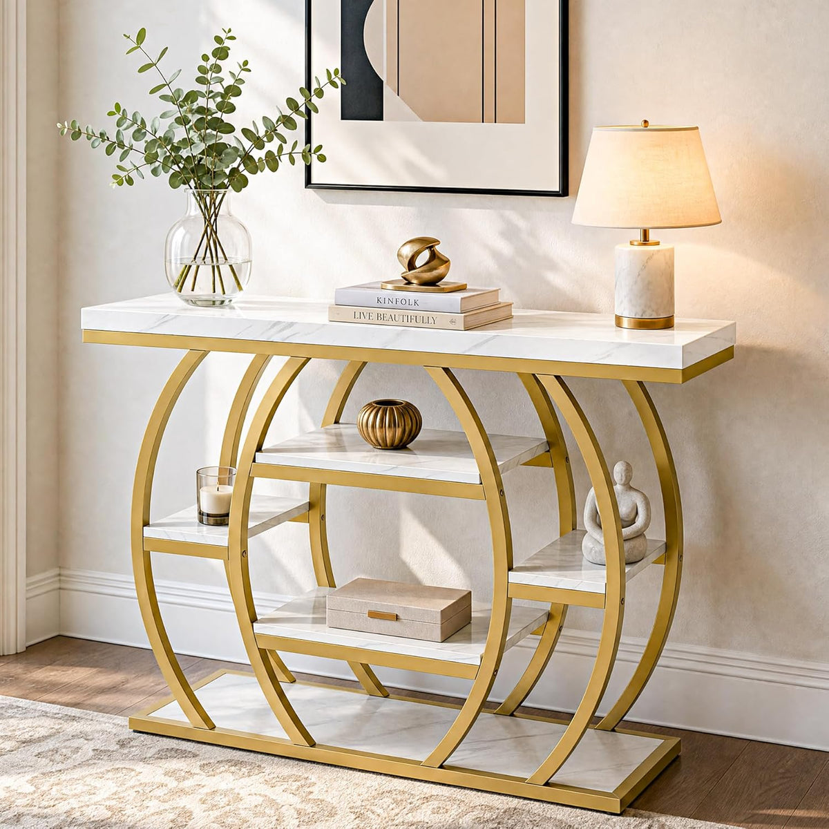Tribesigns Modern Console Table, 41.3" Narrow Entryway Table with Storage Shelves & Faux Marble Top, 5-Tier Sofa Tables Behind Couch with Arched Metal Frame for Living Room, Hallway (Gold & White)
