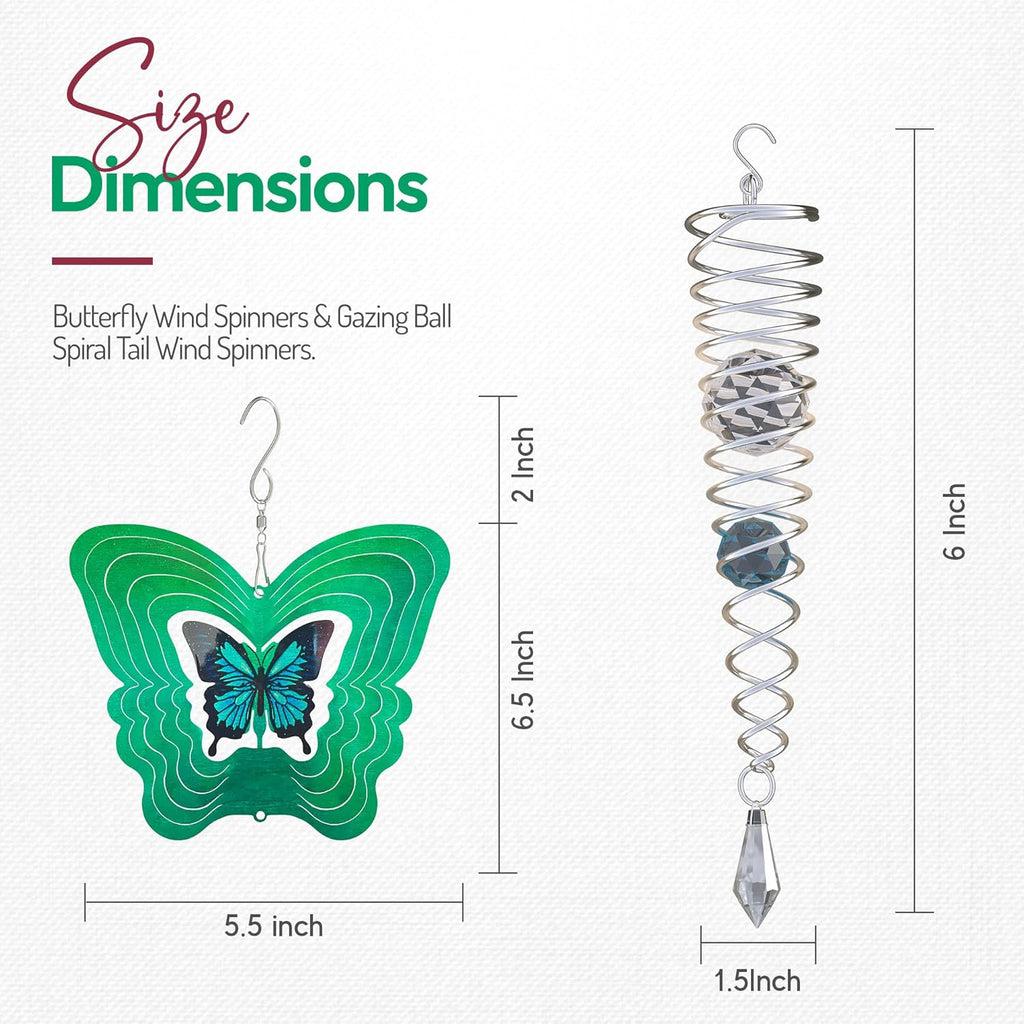 ISEO Butterfly Wind Spinner for Yard and Garden with Gazing Ball Set, Hanging Outdoor Decor, Yard Art, Porch and Patio Decorations, Metal Wind Spinners Outdoor, Weather Resistant, 6.5”