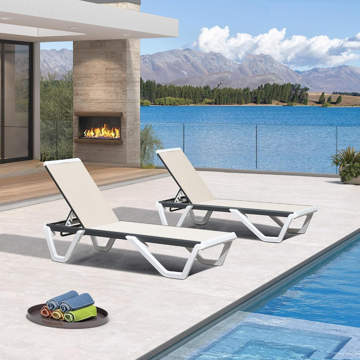 PURPLE LEAF Lounge Chair Outdoor Set of 2 Chaise Lounge w/Wheels, Khaki | Quick & Easy Assembly, Quick-dry Mesh Keeps You Cool, UV-proof Weave Keeps Color Vivid, Rustproof Frame Lasts Years