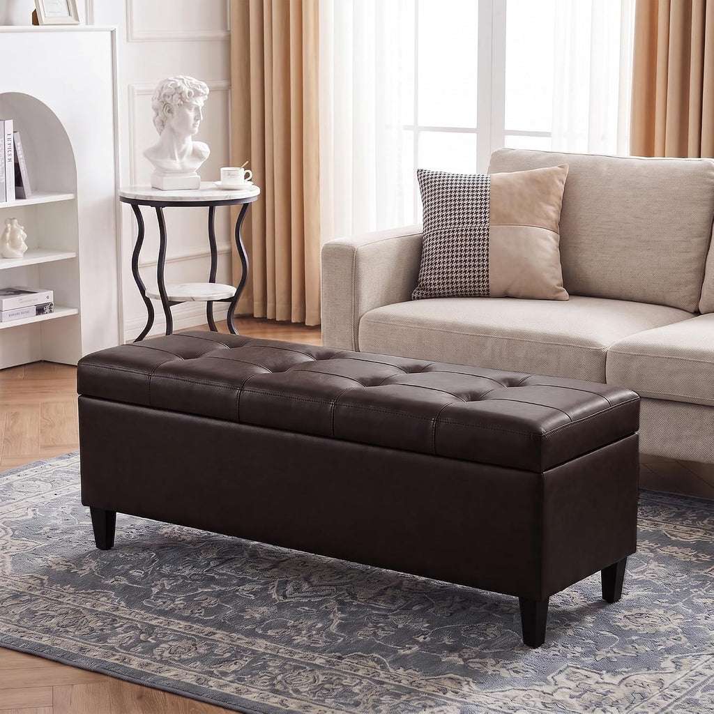 50.5 Inch Storage Ottoman Bench, Faux Leather Tufted Upholstered Bedroom Bench with Safety Hinges, Supports 300 lbs, Large Storage Bench for Living Room, Entryway (Brown)