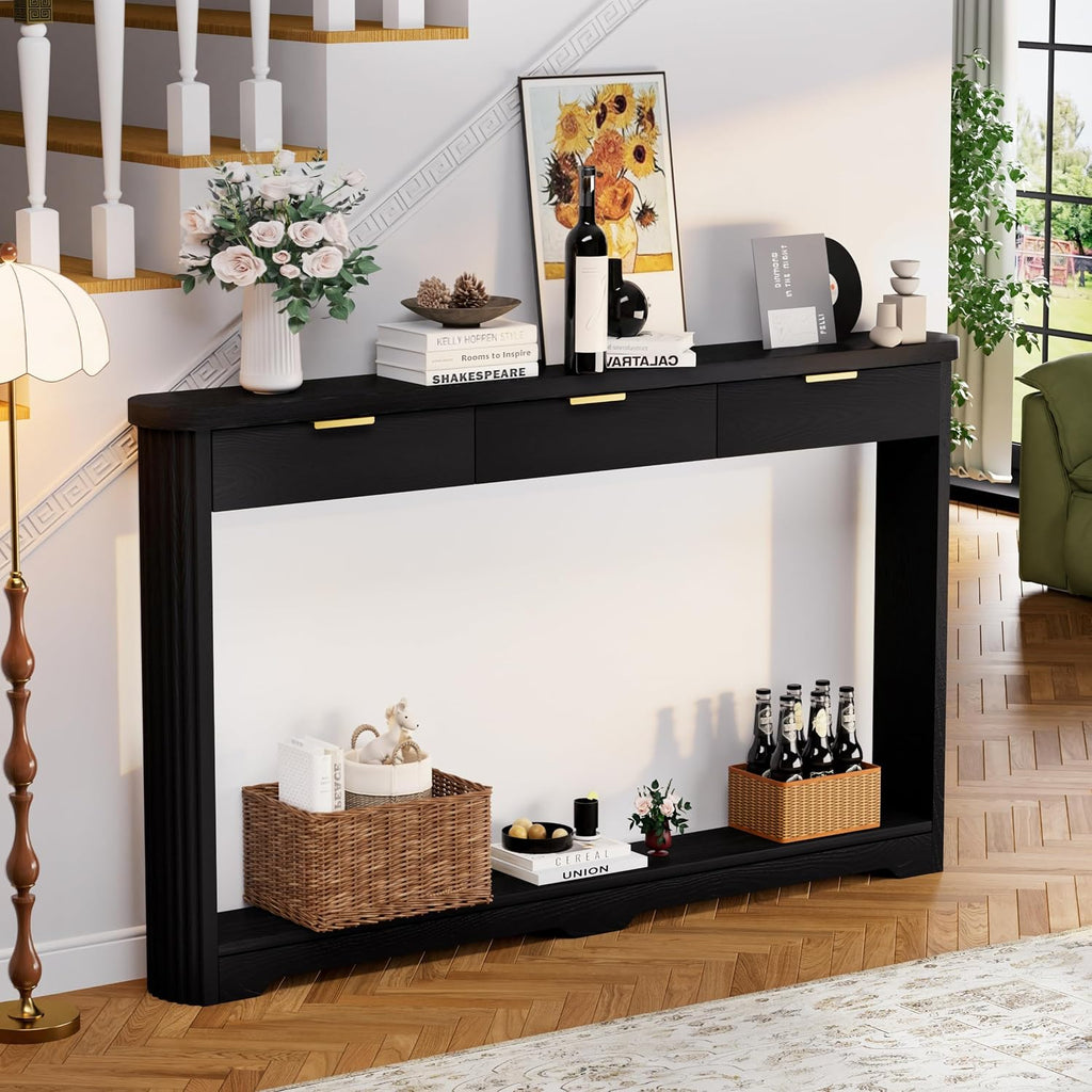 70" Slim Wooden Side Table, Wavy-Patterned Storage Table with 3 Drawers, Console Tables for Living Room, Entryway, Hallway, Sofa Tables Behind Sofa, Curved Arc Design, Modern Style, Black