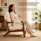 1 PCS Accent Chair for Living Room, Mid-Century Modern Armchair with Solid Wood Frame and Side Pocket, Upholstered Reading Chair for Bedroom, Small Spaces, Apartment, Beige