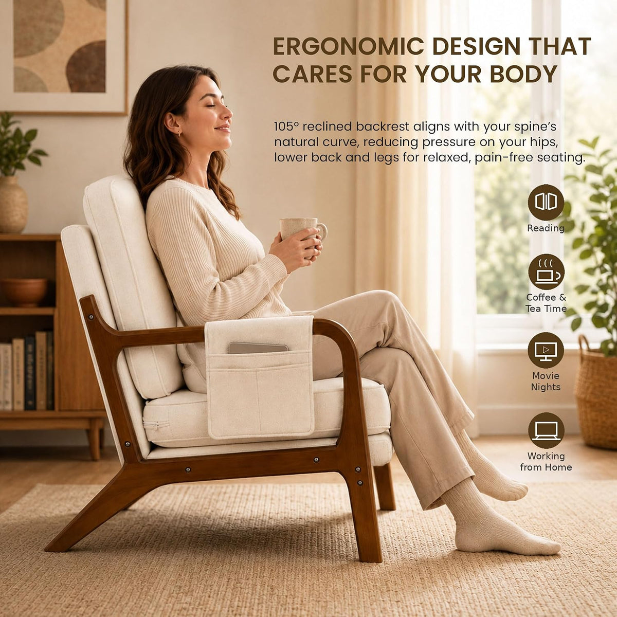1 PCS Accent Chair for Living Room, Mid-Century Modern Armchair with Solid Wood Frame and Side Pocket, Upholstered Reading Chair for Bedroom, Small Spaces, Apartment, Beige