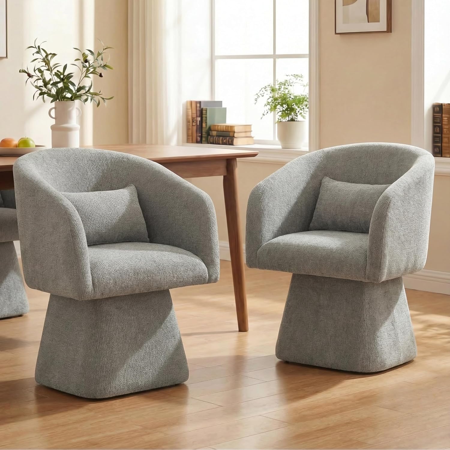 VKNOW Upholstered Swivel Dining Chairs Set of 1, Modern Dining Room Chairs with Barrel Back, Accent Arm Chair with Pillow for Dining Room, Living Room, Bedroom, Vanity, Gray