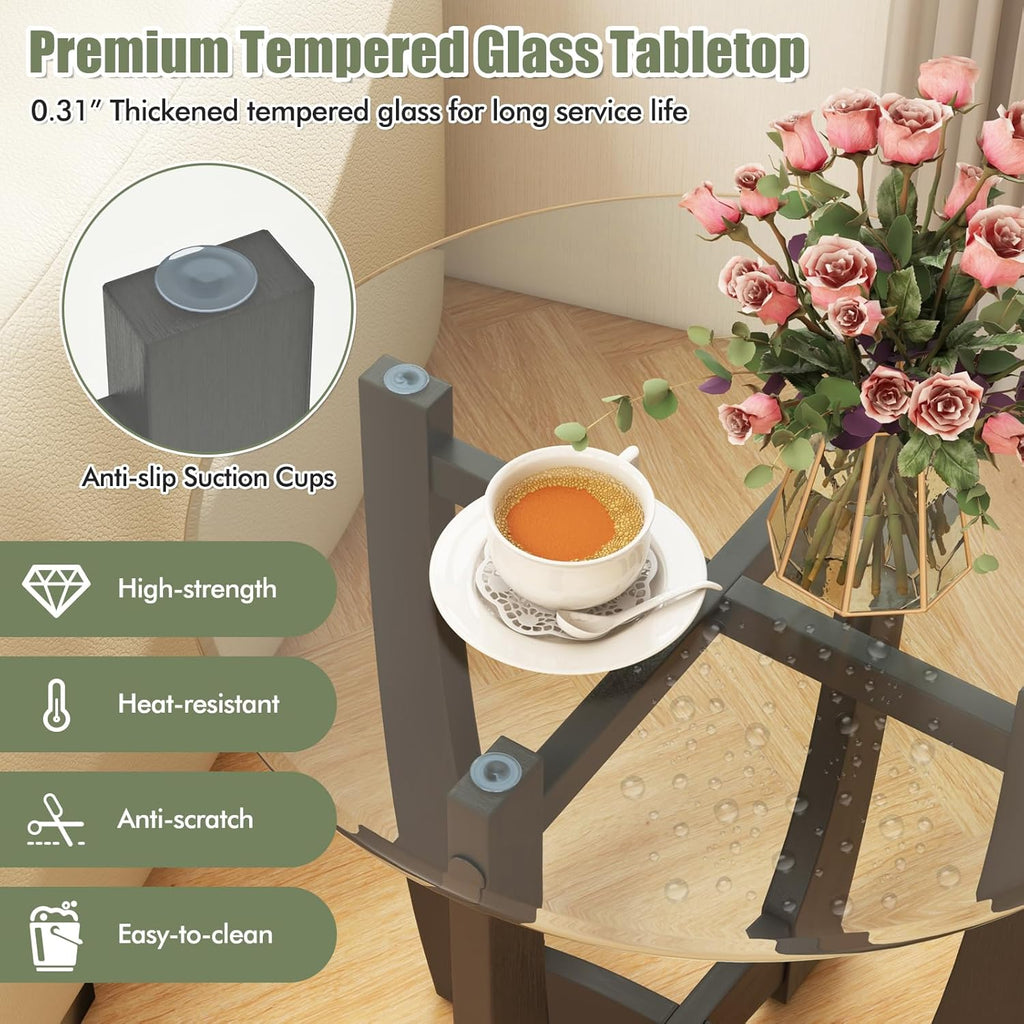 Giantex Glass End Tables Set of 2, Round Side Tables with Rubber Wood Frame & Tempered Glass Top, 23.5" Small Black Coffee Table, Modern Glass Nightstand for Living Room Balcony Bedroom, Easy Assembly