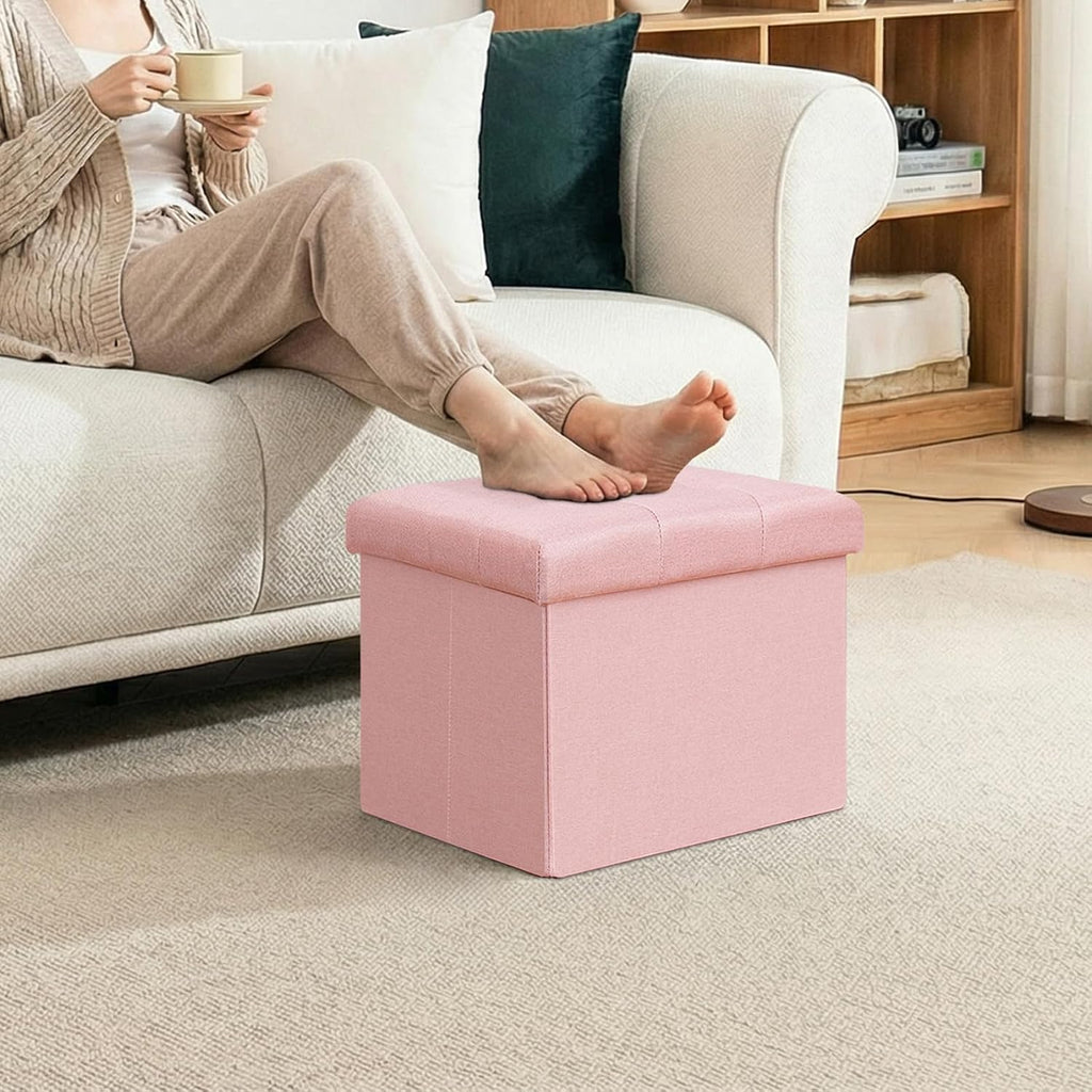 Folding Storage Ottoman, 16.5" Rectangular Footstool with Padded Tufted Lid, Collapsible Storage Footrest for Small Space, Living Room, Bedroom, Dorm, Pink