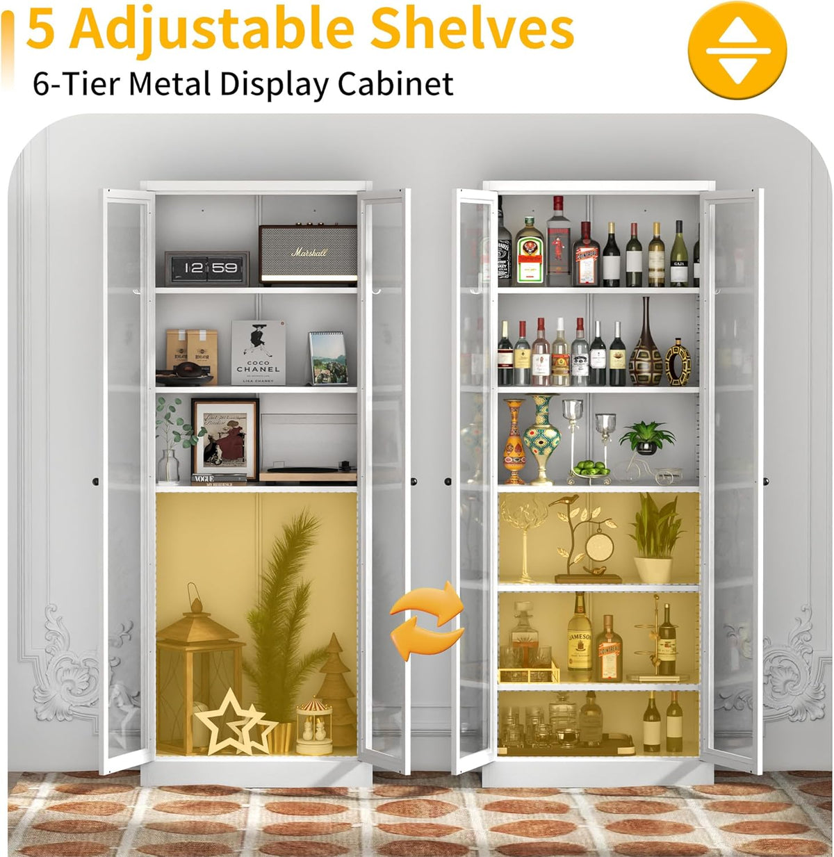 Kitchen Pantry Cabinet, 72" Tall Pantry Storage Cabinet with Adjustable Shelves and Glass Doors, Metal Storage Cabinets with Handle for Living Room, Kitchen, Assemble Required (White)