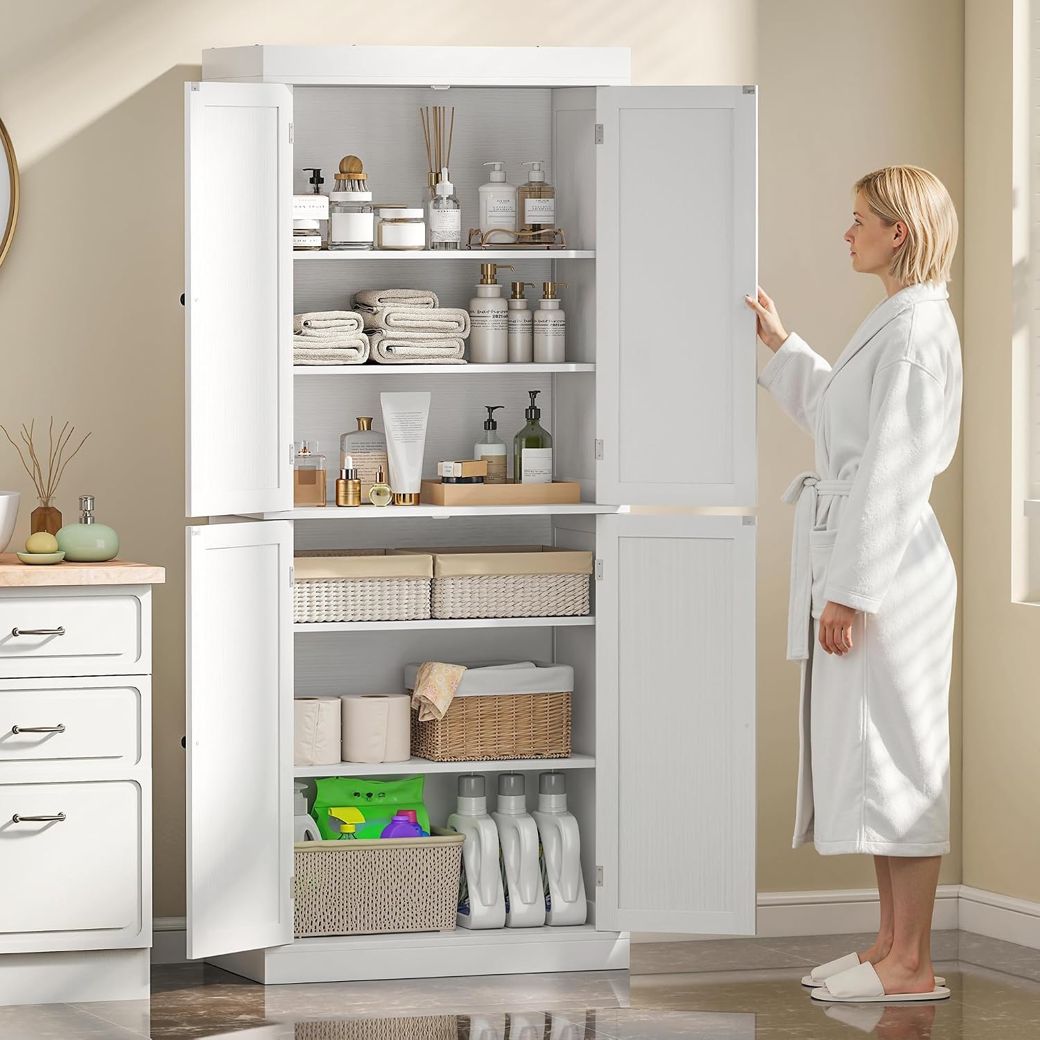 HOMCOM 72.5" Tall Kitchen Pantry Cabinet, Freestanding Modern Farmhouse Kitchen Storage Cabinet with 4 Doors and 2 Adjustable Shelves for Dining Room, White Wood Grain