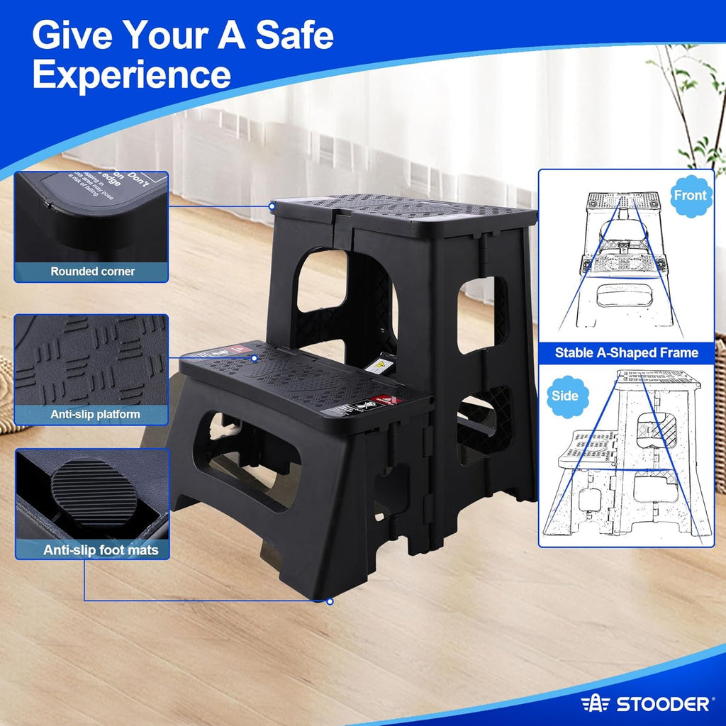 Folding Step Stool, 2-Step 8" 17", Non-Slip, 300lb Capacity | No Assembly, Stable A-Frame, Safety Lock, Anti-Slip Rubber Feet, Collapsible Stool for Kitchen Bathroom Bed RV Offic Garden