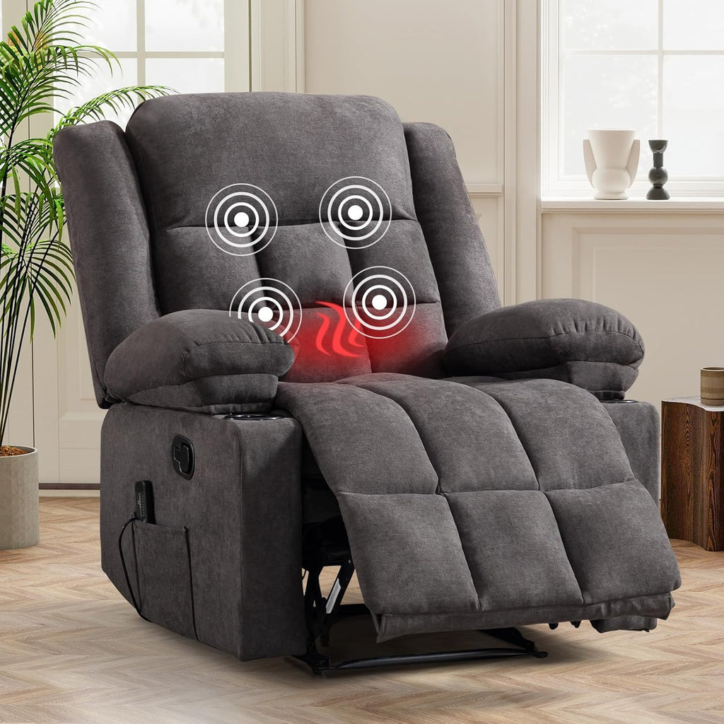 HAOMARKETS Classic Manual Recliners with Massage and Heat for Adults, Breathable Fabric Recliner Chair with 2 Cup Holders & Side Pockets, Overstuffed Heavy Duty Reclining Sofa for Living Room, Grey