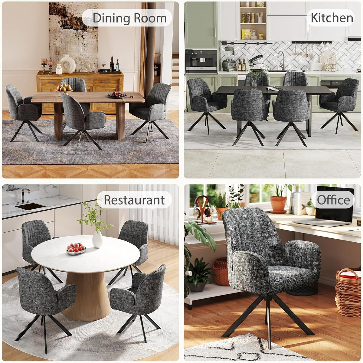Furniliving Swivel Dining Chairs Set of 2, Upholstered Dining Room Chairs with Arms, 360° Swivel Dining Chairs with Metal Frame, Modern Kitchen Chairs for Lounge, Chenille, Darkgrey
