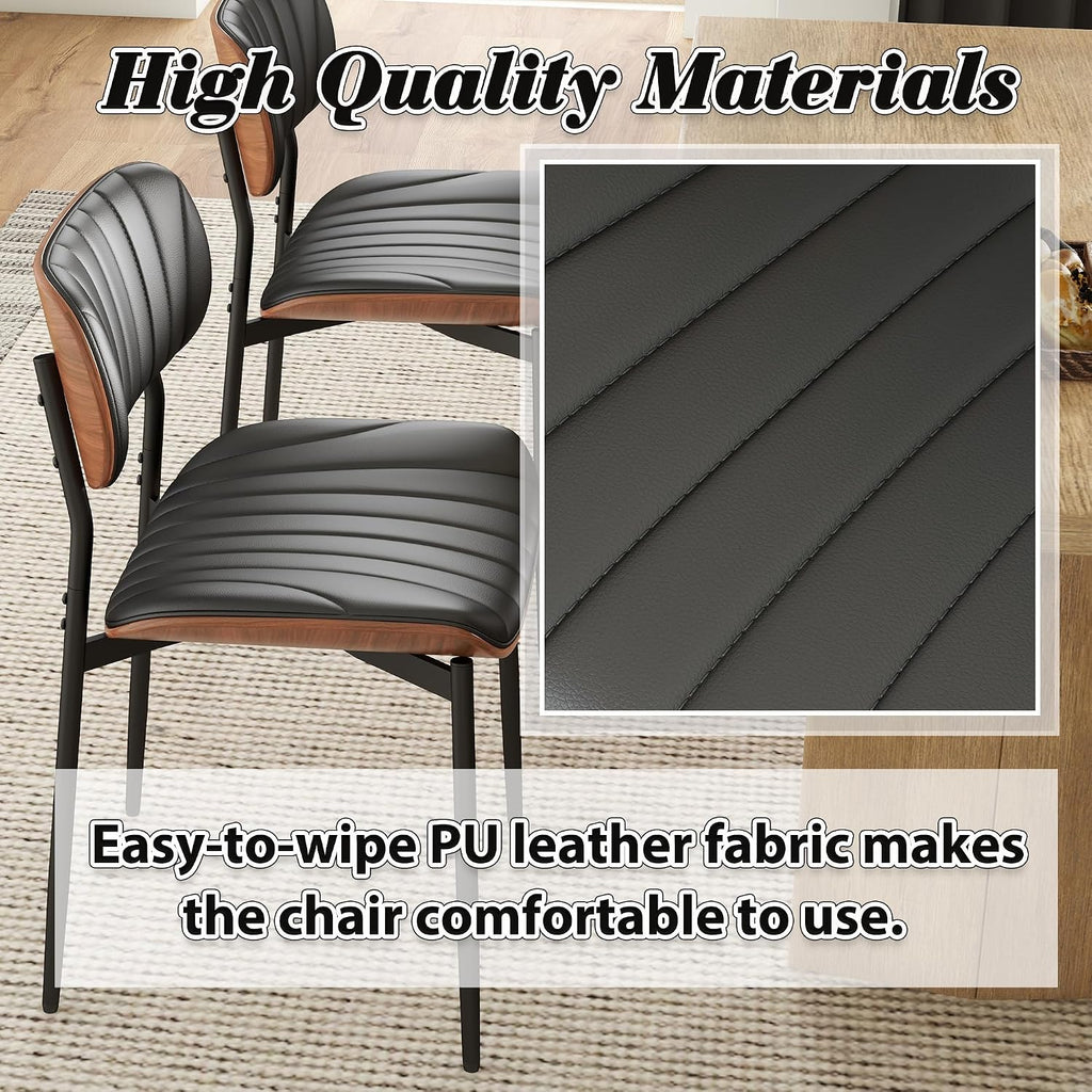 HENGJIANYI Bentwood Dining Chairs Set of 2, Modern PU Leather Dining Room Chairs with Metal Legs, Mid Century Upholstered Kitchen Chairs with Curved Back and Seat, Black