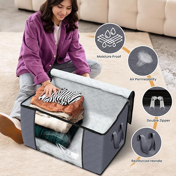Fab totes 90L Clothes Storage, Foldable Thick Fabric Blanket Storage Bags, Containers for Organizing Bedroom, Closet, Clothing, Comforter, Organization with Handle (3 Pack,Grey)