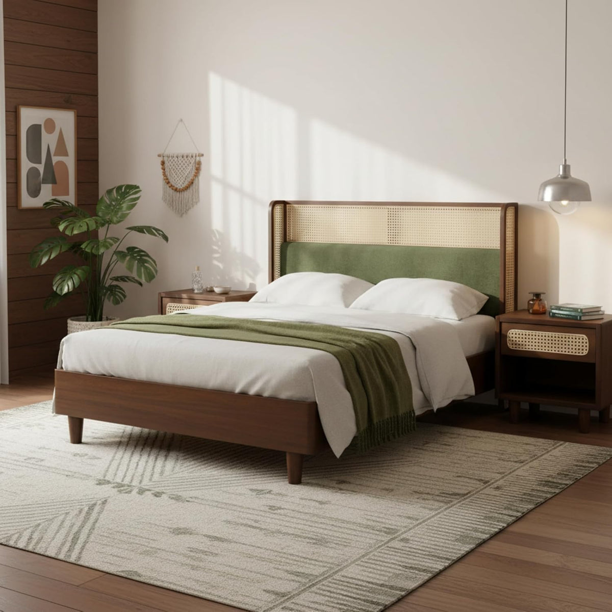 Merax Classic Retro Queen Platform Bed with Rattan Headboard, Wood Bed Frame No Box Spring Needed/Easy Assemble, Walnut + Green