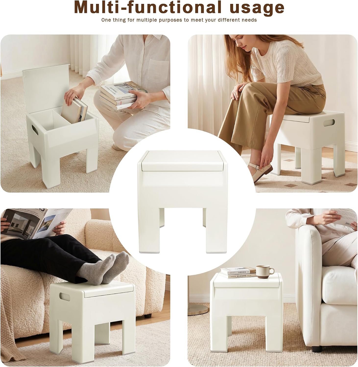 Modern Nightstand - Multifunctional Plastic Bedside Table with Storage Space, Side Table Easy Assembly for Bedroom, Dorm and Small Areas (14.2" D x 11.8" W x 15.78" H, Beige White)