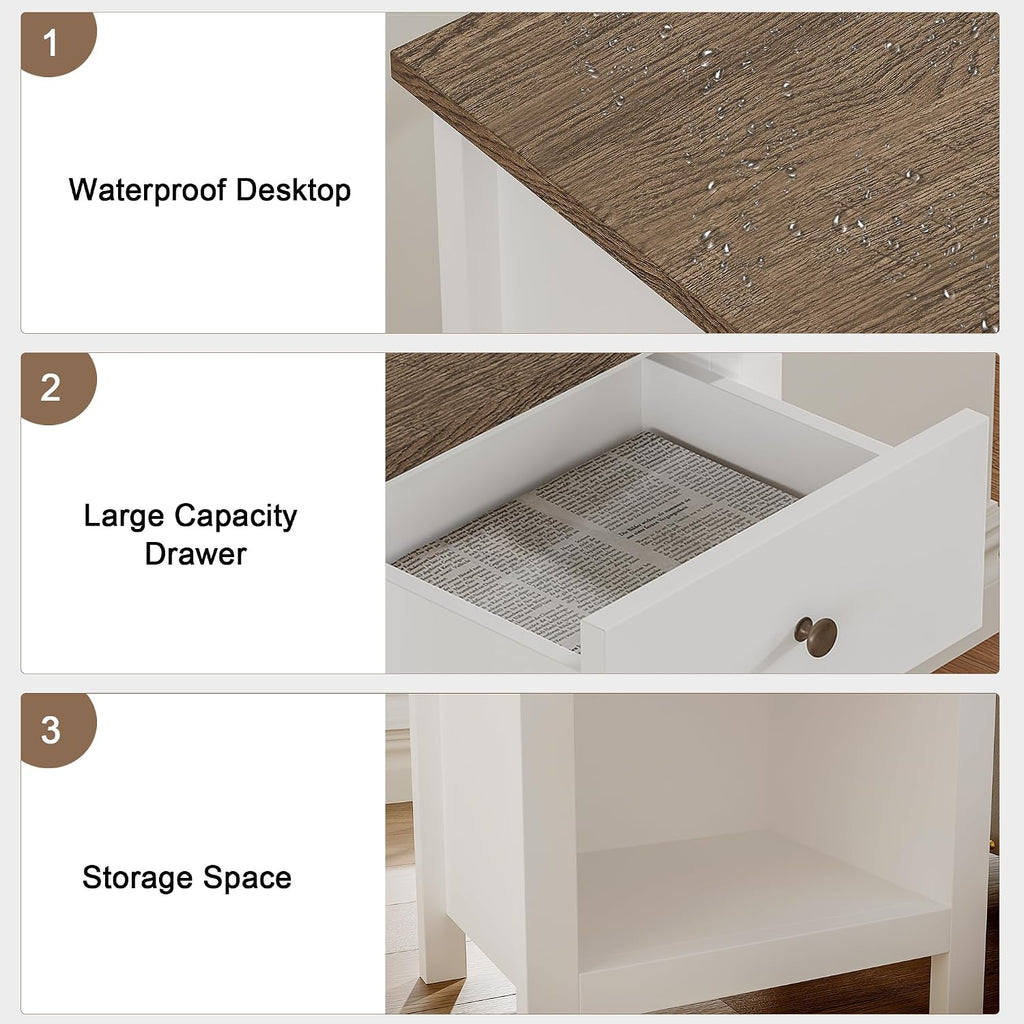 ChooChoo Farmhouse Nightstand with Charging Station | Wooden Top Bedside End Table with Drawer and Storage Space for Bedroom, White