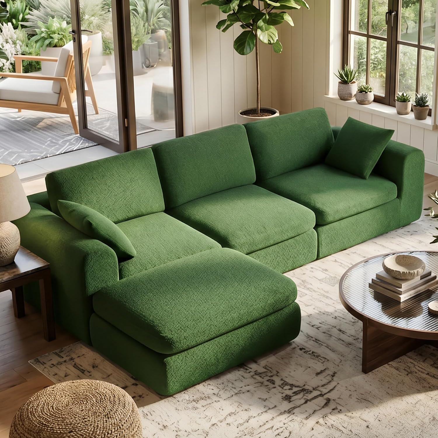 KISLOT 108" Cloud Couch,Sectional No Assembly Required,Modular Sofa with Deep Seat for Living Room,L Shaped Couch with Ottoman Snowflake Fabric and Memory Sponge,Green