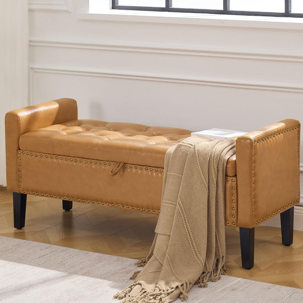 WUTUTUEE 47" Modern Water-Resistant Faux Leather Storage Ottoman Bench with Wooden Legs, Upholstered End of Bed Bench for Bedroom, Living Room or Entryway, Light Brown